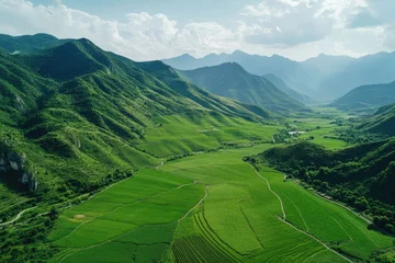 Photo sur Plexiglas Farms and Mountains in Asiaaerial Top View of Grass and Crops Field with Green Mountain Hill