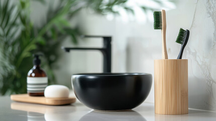 Modern bathroom setup featuring black bowl, bamboo toothbrush holder, and natural elements, creating serene and eco friendly atmosphere