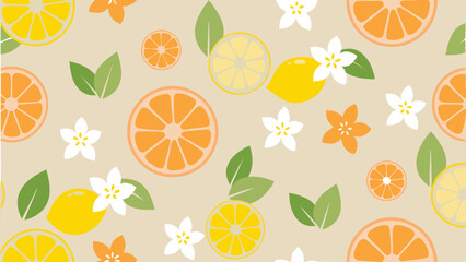 Seamless pattern featuring citrus fruits lemons oranges with flowers and leaves on a beige background design