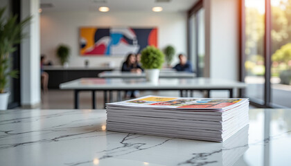 Stack of orientation brochures on a registration table in modern office  