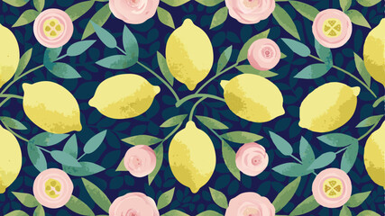 A seamless pattern with lemons, pink roses, and green leaves on a dark blue background creating a vibrant design