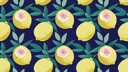Illustration showing a pattern of lemons with roses inside and green leaves on a dark blue background