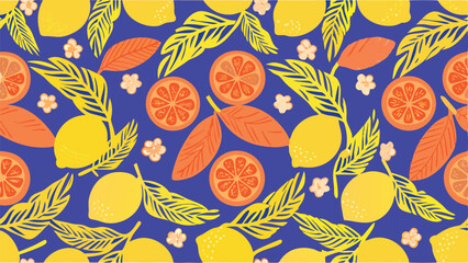 A vibrant pattern featuring lemons orange slices leaves and flowers on a blue background artistic style