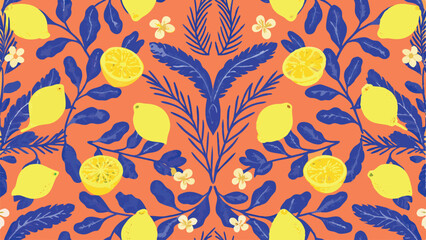 A vibrant pattern of lemons and blue leaves on an orange background creating a lively and fresh design look
