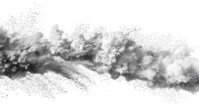 Black and white powder explosion isolated on transparent background