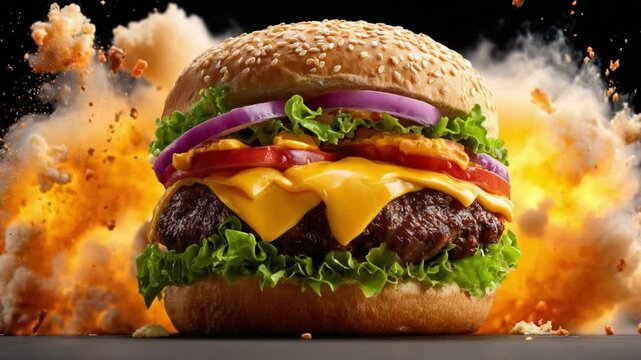 Explosive Burger: A mouthwatering hamburger featuring fresh lettuce, juicy tomatoes, and melted cheese bursts forth in a cloud of flavorful deliciousness.