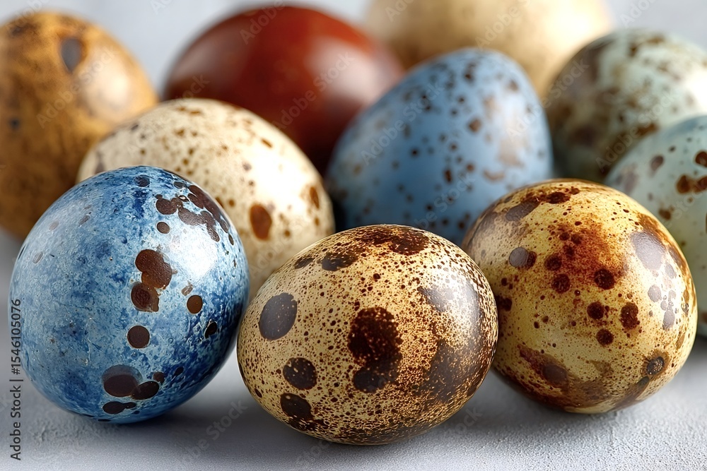 Aufkleber quail eggs with unique speckled patterns in various colors, creating a visually appealing arrangemen