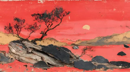 Gordijnen Red landscape painting with trees and sun abstract art © arlila