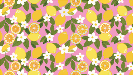 A seamless pattern featuring lemons, lemon slices, leaves and white flowers on a pink background design art