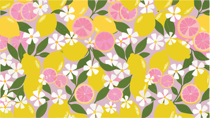 Illustration featuring a pattern of lemons, pink grapefruit slices, leaves and white flowers on a light background