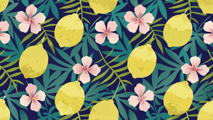 A pattern with lemons and pink flowers on a dark blue background with green leaves design that is seamless