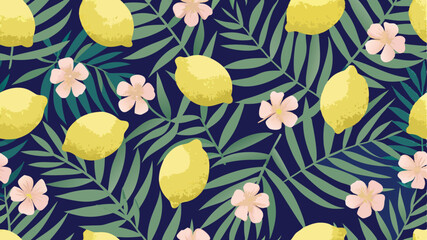 A vibrant pattern featuring lemons pale pink flowers and green tropical leaves on a dark blue background design