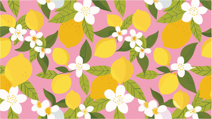 Seamless pattern featuring lemons with leaves and white flowers on a pink background, creating a vibrant design