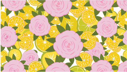 A seamless pattern featuring pink roses and slices of lemons and limes with green leaves on a white background