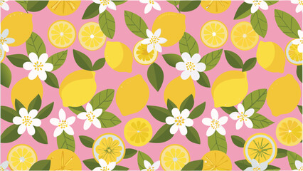 A pattern of lemons, lemon slices, flowers, and leaves on a pink background in a repeating design style
