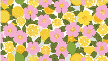 A colorful pattern featuring pink flowers, yellow lemons, and green leaves scattered across the surface area