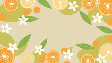 Illustration showing slices of oranges and lemons with white flowers and green leaves on a light background