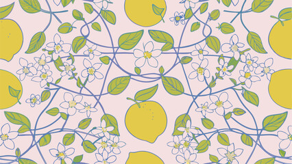 Lemon pattern featuring yellow lemons, white flowers, green leaves, and blue vines on a light background