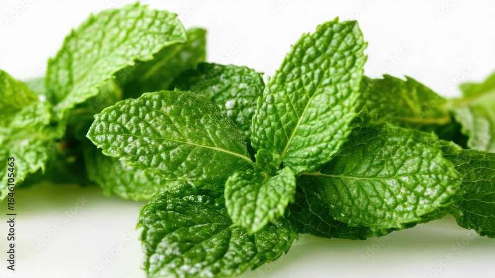 Poster a bunch of fresh mint leaves arranged on a white surface, ideal for using as a decorative element or