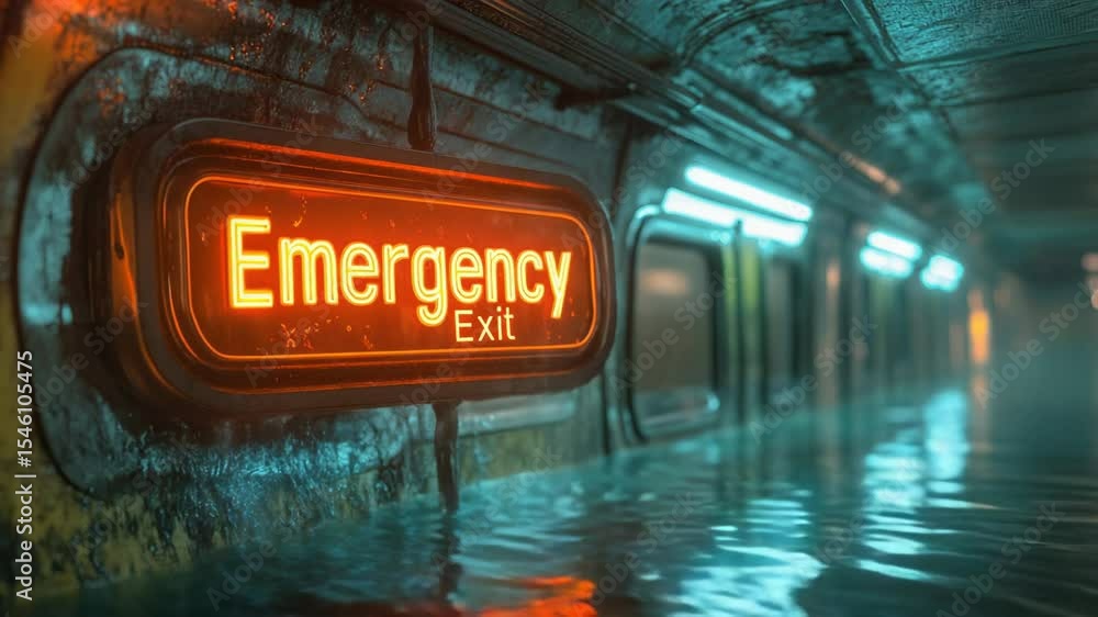 Poster an illuminated emergency exit sign in a busy subway station