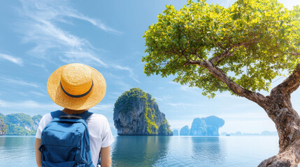 Traveler wearing straw hat and backpack enjoys serene view of tropical landscape with islands and clear blue water, evoking sense of adventure