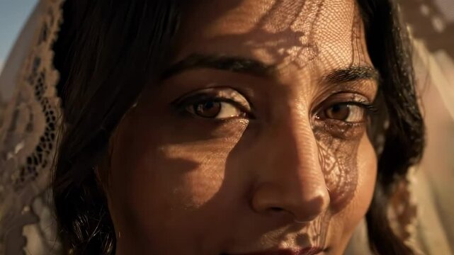 A close-up portrait of a woman with intricate lace veiling casting delicate shadows on her face, set against a soft, blurred background of a vibrant outdoor scene - desi mature women