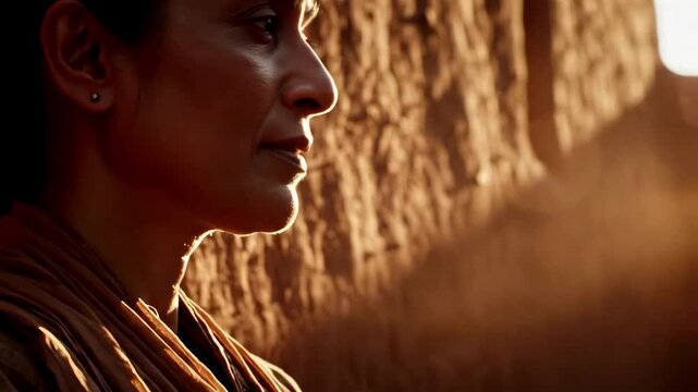 A serene portrait of a person in soft golden light, highlighting their profile against a textured background, evoking tranquility and introspection - desi mature women