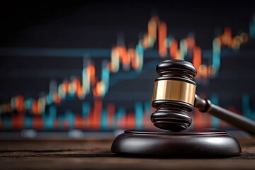 Judge gavel is placed on wooden surface, with blurred stock market chart displayed on screen in background, representing concept of financial regulations and legal proceedings in trading