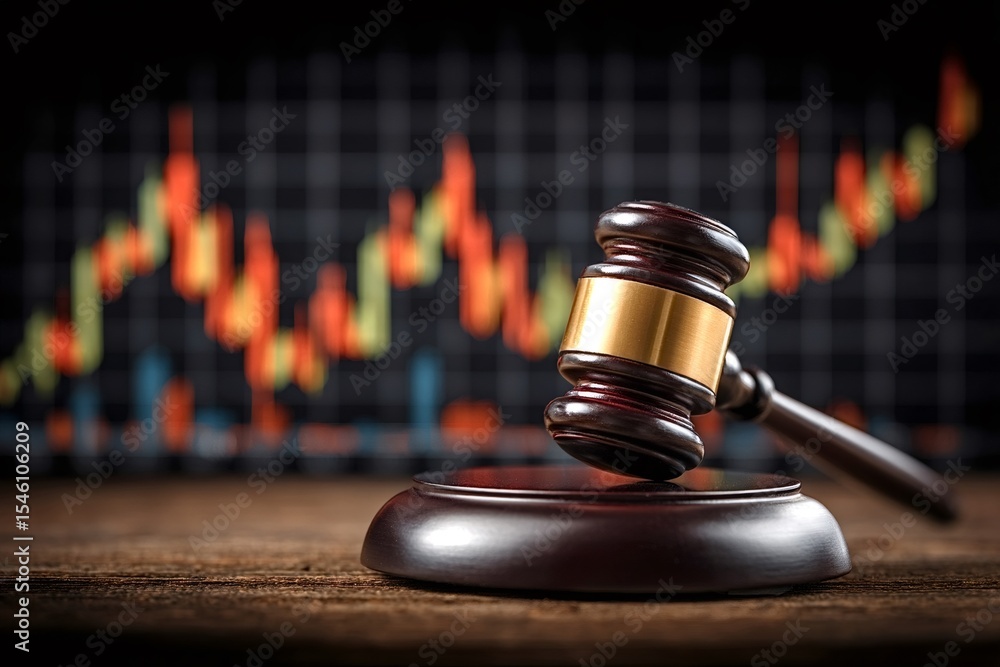 Poster wooden judge gavel is sitting on its sound block on a wooden table with a blurred stock market graph