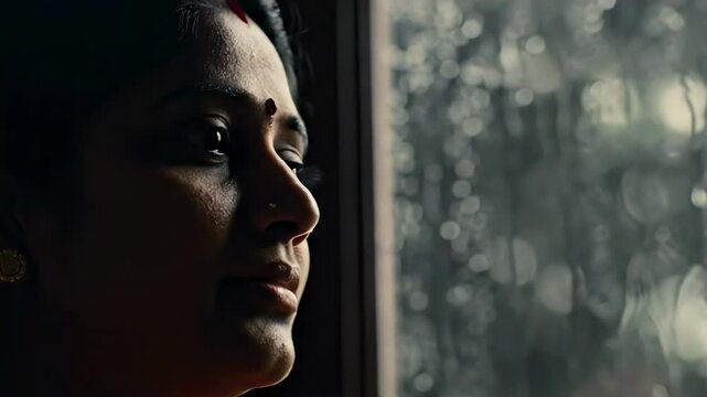 A contemplative woman gazes out a rain-soaked window, lost in thought, while the blurred cityscape creates a serene and introspective atmosphere - desi mature women