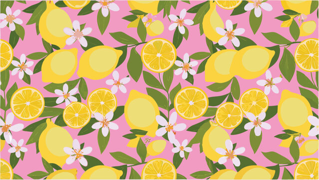 Seamless pattern with lemons, flowers, and green leaves on a pink background, repeated and vibrant design