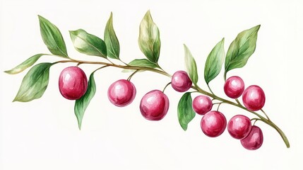 Watercolor Branch with Red Berries and Green Leaves