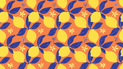 Repeating pattern of yellow lemons with blue leaves and small white flowers on a bright orange background image