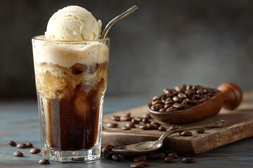 Chilled glass of iced coffee topped with a scoop of creamy vanilla ice cream, accompanied by a metal straw and scattered coffee beans on a rustic wooden board, embodying summer refreshment