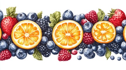 Watercolor Style Fruit Border: Oranges, Berries, Strawberries
