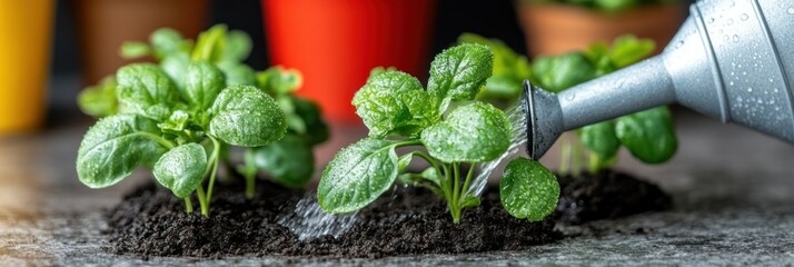 Watering young basil plants in soil