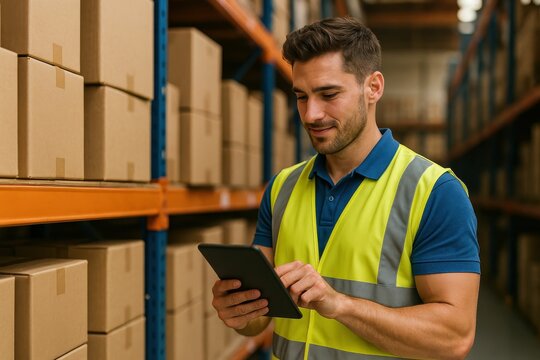 A digital tablet is used by a handsome warehouse worker to check , with cardboard boxes stacked on the shelves