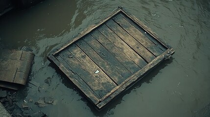 Weathered Wooden Raft Floating on Murky Water