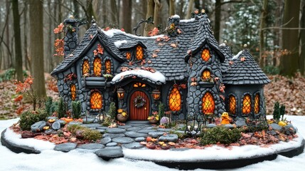 Whimsical Autumn Cottage in a Snowy Forest