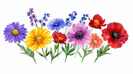 Vibrant watercolor flowers in various colors, showcasing beautiful arrangement of daisies, poppies, and other blossoms, evoking joy and freshness
