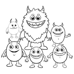 Fototapeta premium Monster friends coloring page with 6 silly and adorable monsters with fun expressions