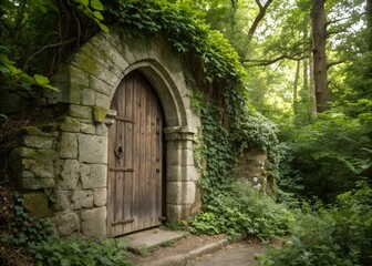 Old wooden door in stone archway overgrown with ivy in a lush forest