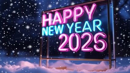 Neon sign illustration with happy new year 2026 text and star decoration for holiday party celebration