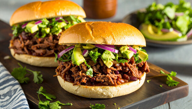 Mexican beef torta sandwich. Tasty fast food. Delicious snack. Cooking and culinary concept.