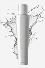 White cosmetic bottle with water splash on bright background