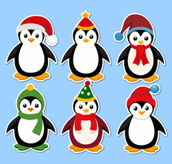 Festive Penguins in Hats and Scarves on a Light Blue Background