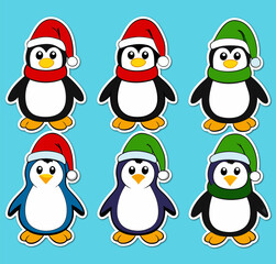 Cartoon Penguins Wearing Hats and Scarves on a Light Blue Background