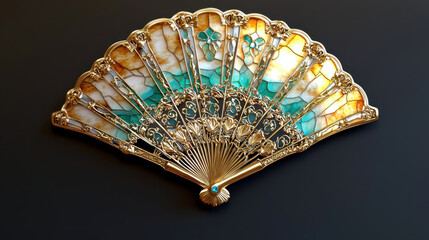 Vintage Victorian fan with intricate gold detailing and colorful stained glass elements, showcasing elegance and craftsmanship