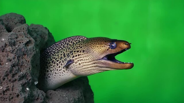 Moray eel emerges from rock habitat in vibrant underwater environment, green screen, green mat video