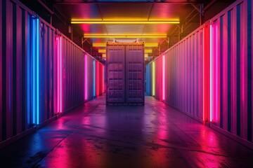 High Resolution Picture of Neon Light Installation in a Row of Shipping Containers